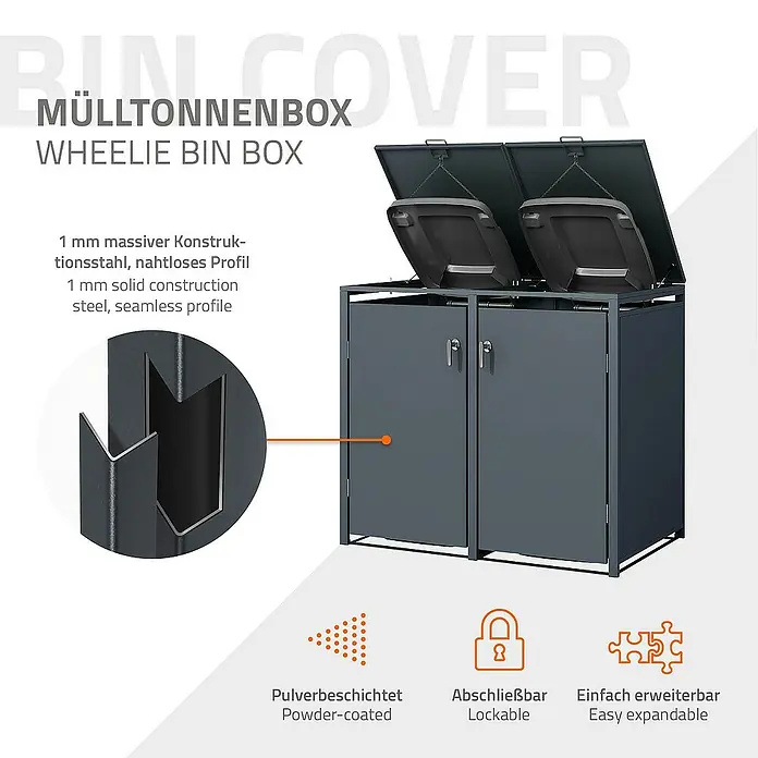 ML-Design Mülltonnenbox Mülltonnencontainer mit Klappdeckel/Tür für 2 Tonne 120 oder 240 Liter - Stahl, Anthrazit, Geeignet für Anzahl Mülltonnen: 2 Stk. - Mülltonnenbox aus robustem, pulverbeschichtetem Stahl, abschließbar und erweiterbar für eine praktische und stilvolle Mülltonnenaufbewahrung.
