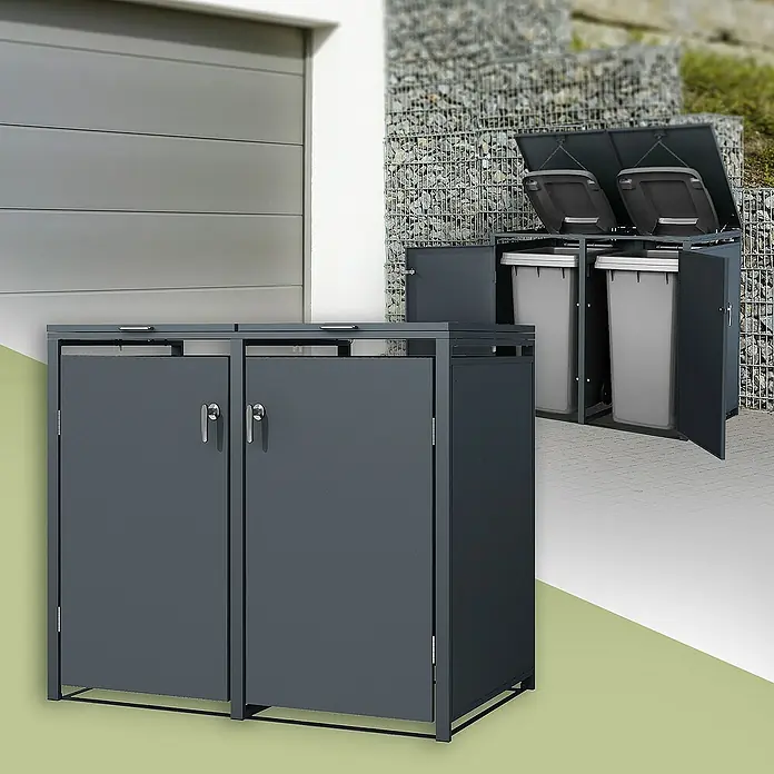ML-Design Mülltonnenbox Mülltonnencontainer mit Klappdeckel/Tür für 2 Tonne 120 oder 240 Liter - Stahl, Anthrazit, Geeignet für Anzahl Mülltonnen: 2 Stk. - Dunkelgraue Mülltonnenbox für zwei Mülltonnen, die eine saubere und ordentliche Müllentsorgung ermöglicht und optisch ansprechend ist.