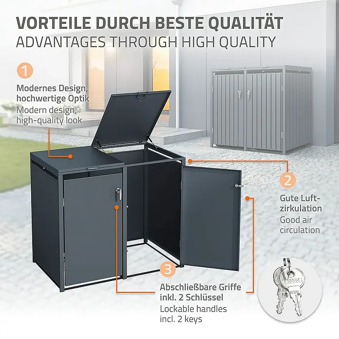 ML-Design Mülltonnenbox Mülltonnencontainer mit Klappdeckel/Tür für 2 Tonne 120 oder 240 Liter - Stahl, Anthrazit, Geeignet für Anzahl Mülltonnen: 2 Stk. - Produktbild einer Mülltonnenbox mit Hinweisen auf modernes Design, Luftzirkulation und abschließbare Griffe.