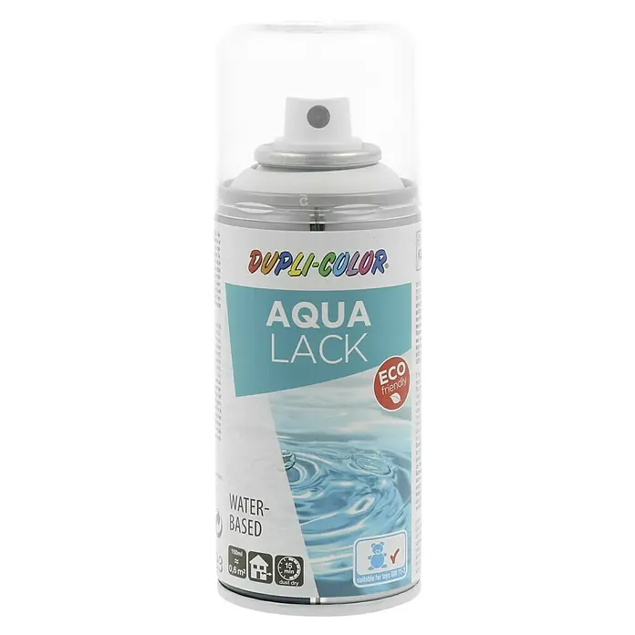 Dupli-Color Aqua Sprühlack Aqua Lack - Reinweiß, Matt, 150 ml - Abbildung einer Dupli-Color Aqua Lack Sprühdose, umweltfreundlich und wasserbasiert, geeignet für Spielzeug gemäß DIN 71-3.