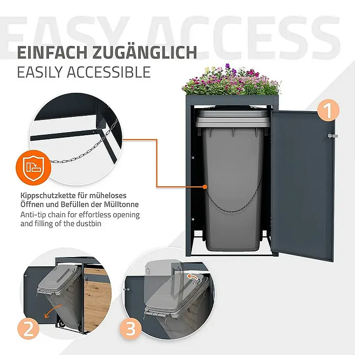 ML-Design Mülltonnenbox Mülltonnencontainer mit Klappdeckel/Tür für 1 Tonne 120 oder 240 Liter - Stahl, Anthrazit, Braun, Geeignet für Anzahl Mülltonnen: 1 Stk. - Bild einer grauen Mülltonnenbox mit Blumen bepflanzt und Hinweisen zu ihrer einfachen Bedienung.