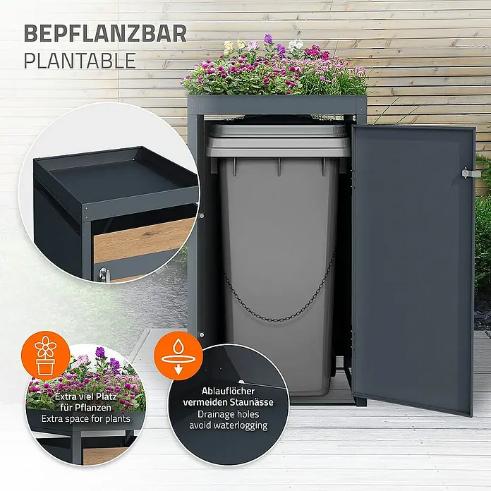 ML-Design Mülltonnenbox Mülltonnencontainer mit Klappdeckel/Tür für 1 Tonne 120 oder 240 Liter - Stahl, Anthrazit, Braun, Geeignet für Anzahl Mülltonnen: 1 Stk. - Bild eines bepflanzbaren Mülleimerverstecks mit Pflanzkasten und zusätzlichem Stauraum. Die ideale Lösung für die Mülltonnenaufbewahrung.