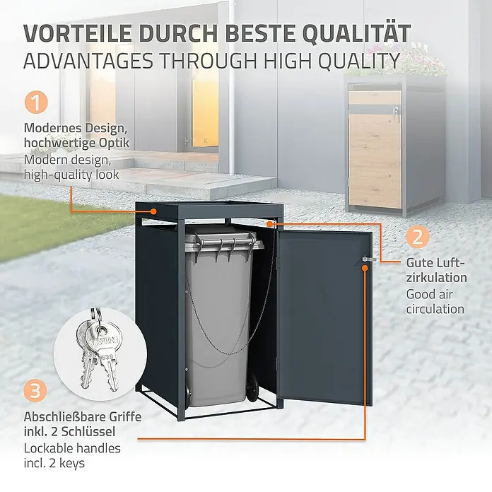ML-Design Mülltonnenbox Mülltonnencontainer mit Klappdeckel/Tür für 1 Tonne 120 oder 240 Liter - Stahl, Anthrazit, Braun, Geeignet für Anzahl Mülltonnen: 1 Stk. - Bild eines Mülltonnenbox mit den Vorteilen: modernes Design, gute Luftzirkulation und abschließbare Griffe mit 2 Schlüsseln.
