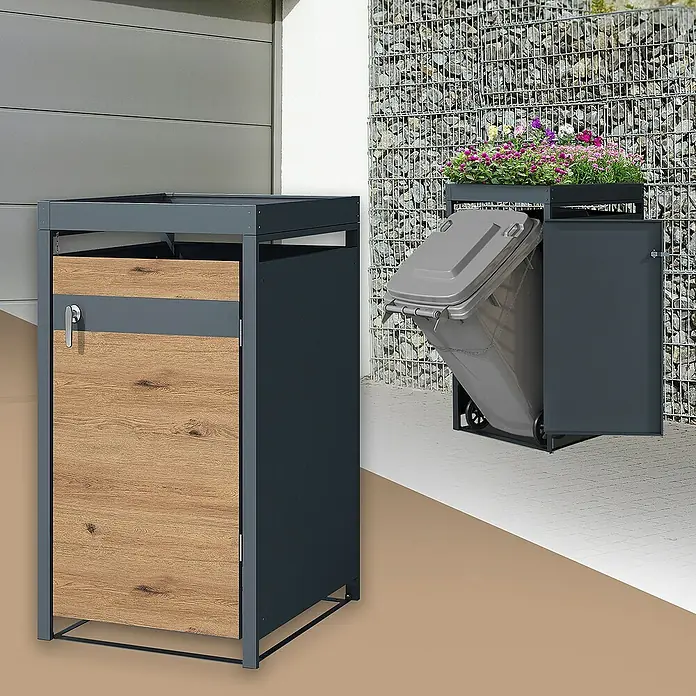 ML-Design Mülltonnenbox Mülltonnencontainer mit Klappdeckel/Tür für 1 Tonne 120 oder 240 Liter - Stahl, Anthrazit, Braun, Geeignet für Anzahl Mülltonnen: 1 Stk. - Mülltonnenboxen aus Metall und Holz. Die Boxen dienen zur stilvollen Verkleidung von Mülltonnen im Außenbereich und fügen sich gut in die Umgebung ein.