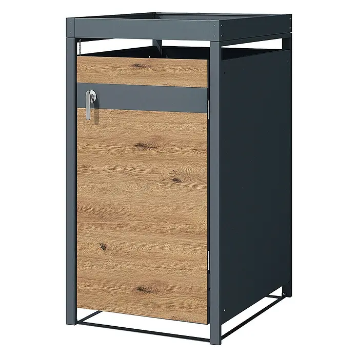 ML-Design Mülltonnenbox Mülltonnencontainer mit Klappdeckel/Tür für 1 Tonne 120 oder 240 Liter - Stahl, Anthrazit, Braun, Geeignet für Anzahl Mülltonnen: 1 Stk. - Moderne Mülltonnenbox mit Holzfront und Metallrahmen für den Außenbereich. Die Box ist praktisch und stilvoll.