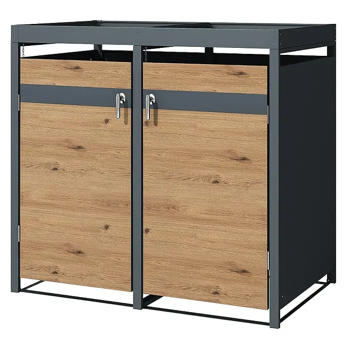 ML-Design Mülltonnenbox Mülltonnencontainer mit Klappdeckel/Tür für 2 Tonne 120 oder 240 Liter - Stahl, Anthrazit, Braun, Geeignet für Anzahl Mülltonnen: 2 Stk. - Schrank mit zwei Holztüren und Metallrahmen. Praktische Aufbewahrungslösung für verschiedene Zwecke. Robustes Design.