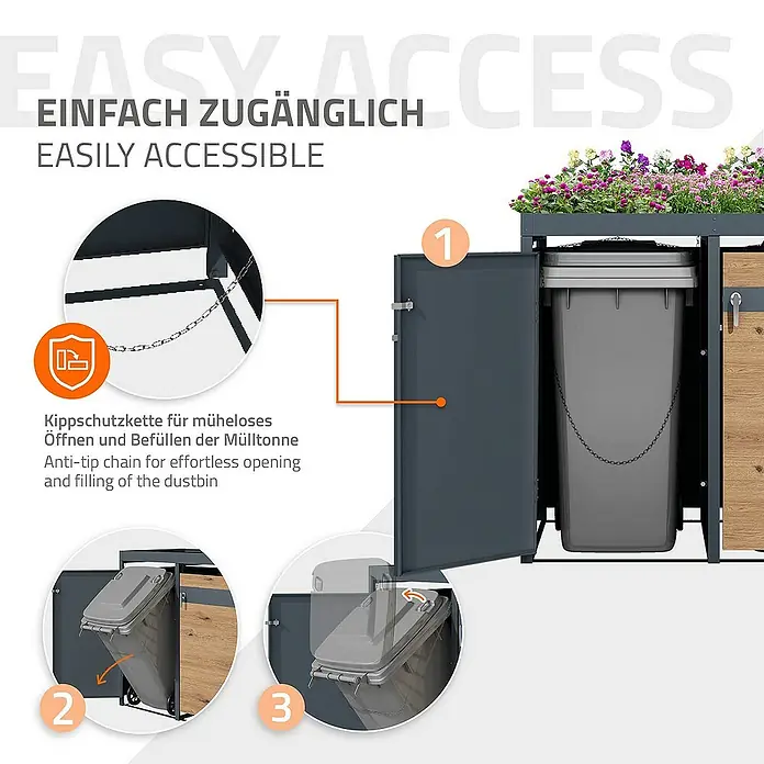 ML-Design Mülltonnenbox Mülltonnencontainer mit Klappdeckel/Tür für 2 Tonne 120 oder 240 Liter - Stahl, Anthrazit, Braun, Geeignet für Anzahl Mülltonnen: 2 Stk. - Bild einer Mülltonnenbox mit Kippschutz. Die Box ist leicht zugänglich und einfach zu bedienen.