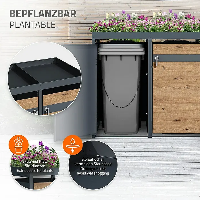 ML-Design Mülltonnenbox Mülltonnencontainer mit Klappdeckel/Tür für 2 Tonne 120 oder 240 Liter - Stahl, Anthrazit, Braun, Geeignet für Anzahl Mülltonnen: 2 Stk. - Das Bild zeigt eine bepflanzbare Mülltonnenbox mit Stauraum, inklusive Bepflanzung und Hinweisen zu den Vorteilen.