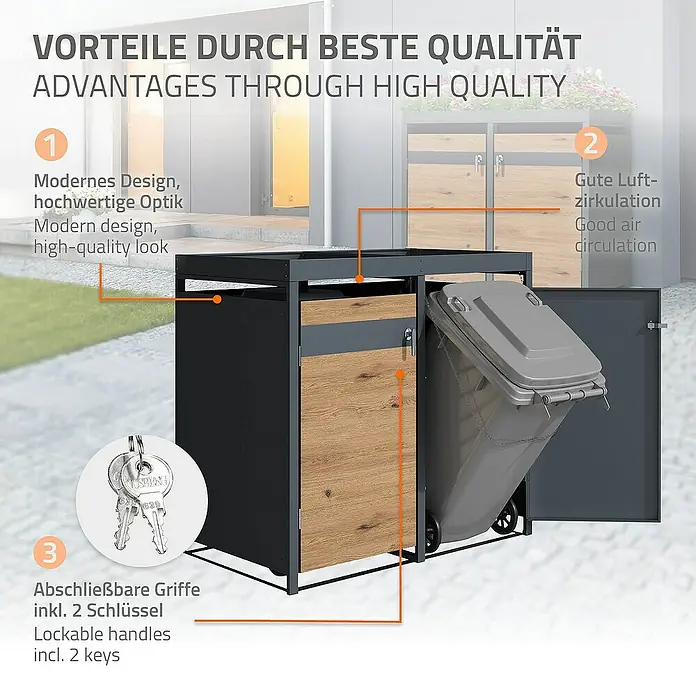 ML-Design Mülltonnenbox Mülltonnencontainer mit Klappdeckel/Tür für 2 Tonne 120 oder 240 Liter - Stahl, Anthrazit, Braun, Geeignet für Anzahl Mülltonnen: 2 Stk. - Bild einer Mülltonnenbox mit drei hervorgehobenen Vorteilen: Design, Luftzirkulation und abschließbare Griffe mit Schlüsseln.