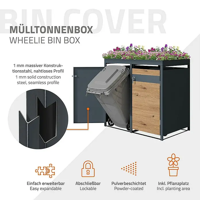 ML-Design Mülltonnenbox Mülltonnencontainer mit Klappdeckel/Tür für 2 Tonne 120 oder 240 Liter - Stahl, Anthrazit, Braun, Geeignet für Anzahl Mülltonnen: 2 Stk. - Die Mülltonnenbox ist aus Stahl und verfügt über ein Pflanzbeet. Abschliessbar und erweiterbar.