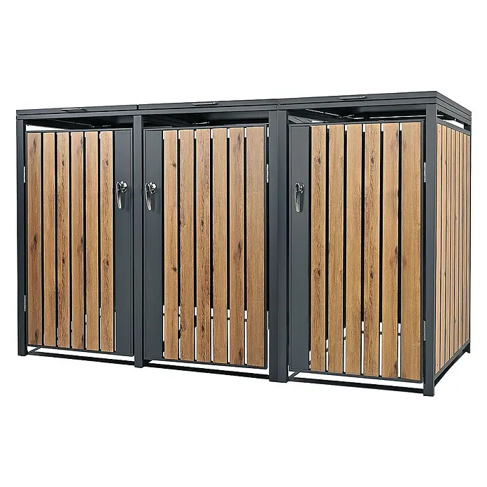 ML-Design Mülltonnenbox Mülltonnencontainer mit Klappdeckel/Tür für 3 Tonne 120 oder 240 Liter - Stahl, Anthrazit, Braun, Geeignet für Anzahl Mülltonnen: 2 Stk. - Mülltonnenbox aus grauem Metall mit Holzverkleidung, ideal für die stilvolle Aufbewahrung von Mülltonnen im Außenbereich.