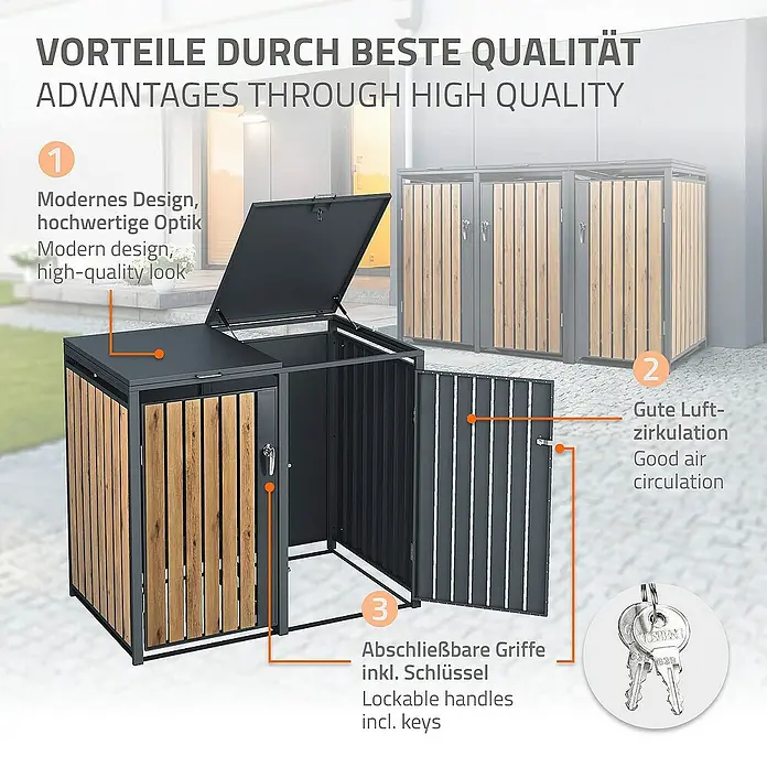 ML-Design Mülltonnenbox Mülltonnencontainer mit Klappdeckel/Tür für 3 Tonne 120 oder 240 Liter - Stahl, Anthrazit, Braun, Geeignet für Anzahl Mülltonnen: 2 Stk. - Produktbild eines Mülltonnenbox aus Metall und Holz mit abschließbaren Griffen für den Außenbereich.