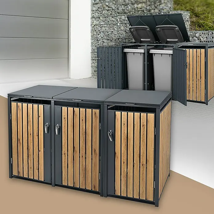 ML-Design Mülltonnenbox Mülltonnencontainer mit Klappdeckel/Tür für 3 Tonne 120 oder 240 Liter - Stahl, Anthrazit, Braun, Geeignet für Anzahl Mülltonnen: 2 Stk. - Das Bild zeigt drei Mülltonnenboxen aus Holz und Metall, die nebeneinander stehen, sowie zwei weitere im Hintergrund.