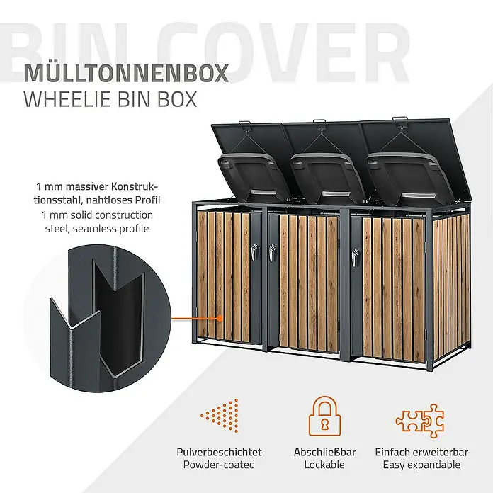 ML-Design Mülltonnenbox Mülltonnencontainer mit Klappdeckel/Tür für 3 Tonne 120 oder 240 Liter - Stahl, Anthrazit, Braun, Geeignet für Anzahl Mülltonnen: 2 Stk. - Mülltonnenbox mit Deckel und Holzverkleidung. Die Box ist abschließbar, pulverbeschichtet und einfach erweiterbar.