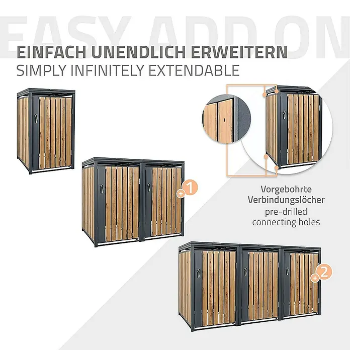 ML-Design Mülltonnenbox Mülltonnencontainer mit Klappdeckel/Tür für 1 Tonne 120 oder 240 Liter - 80 x 80 cm, Metall, Anthrazit, Geeignet für Anzahl Mülltonnen: 1 Stk. - Das Bild zeigt eine erweiterbare Mülltonnenbox aus Holz und Metall, die durch vorgebohrte Löcher einfach verbunden werden kann.