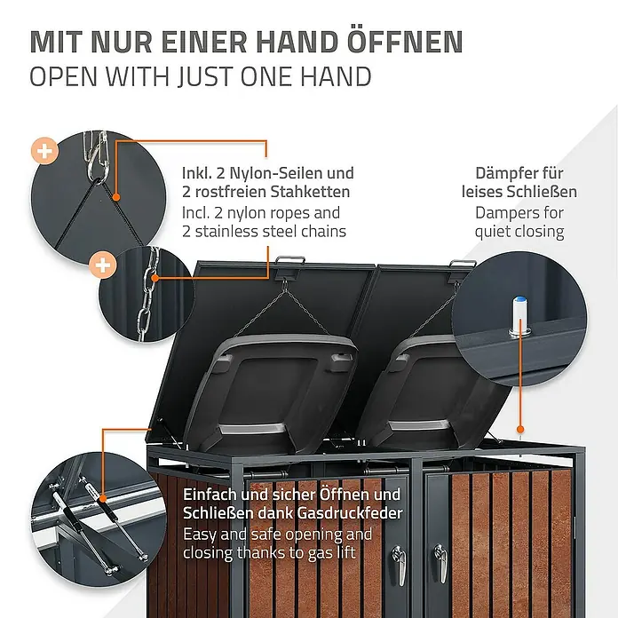 ML-Design Mülltonnenbox Mülltonnencontainer mit Klappdeckel/Tür für 2 Tonne 120 oder 240 Liter - 80 x 80 cm, Stahl, Anthrazit, Rot-Braun, Geeignet für Anzahl Mülltonnen: 2 Stk. - Mülltonnenbox mit Gasdruckfeder für einfaches Öffnen und Schließen mit nur einer Hand. Mit Dämpfern für leises Schließen.