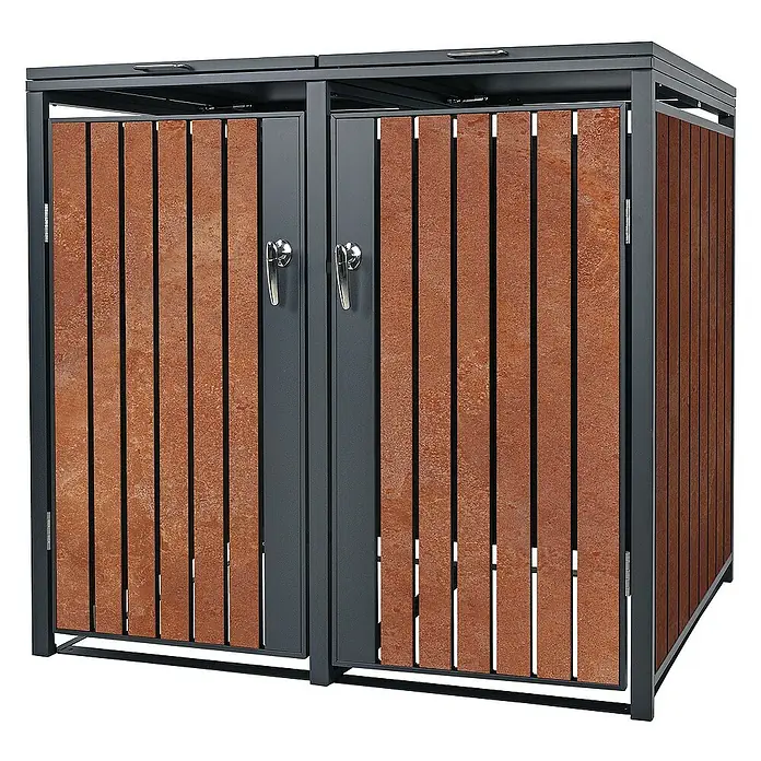 ML-Design Mülltonnenbox Mülltonnencontainer mit Klappdeckel/Tür für 2 Tonne 120 oder 240 Liter - 80 x 80 cm, Stahl, Anthrazit, Rot-Braun, Geeignet für Anzahl Mülltonnen: 2 Stk. - Mülltonnenbox aus Metall und Holzlatten. Die Box hat zwei abschließbare Türen und ist für zwei Mülltonnen geeignet.