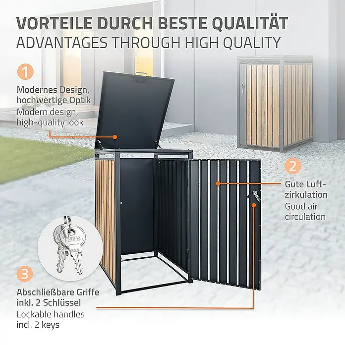 ML-Design Mülltonnenbox Mülltonnencontainer mit Klappdeckel/Tür für 1 Tonne 120 oder 240 Liter - 80 x 80 cm, Metall, Anthrazit, Geeignet für Anzahl Mülltonnen: 1 Stk. - Produktbild einer hochwertigen Mülltonnenbox mit modernem Design, guter Luftzirkulation und abschließbaren Griffen.