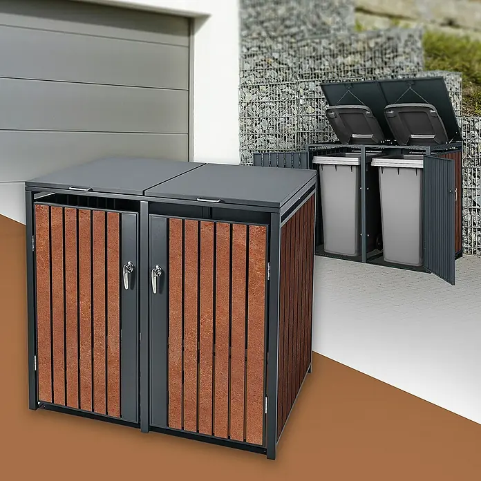 ML-Design Mülltonnenbox Mülltonnencontainer mit Klappdeckel/Tür für 2 Tonne 120 oder 240 Liter - 80 x 80 cm, Stahl, Anthrazit, Rot-Braun, Geeignet für Anzahl Mülltonnen: 2 Stk. - Mülltonnenboxen in verschiedenen Größen. Die Boxen sind aus Holz und Metall gefertigt und bieten Platz für zwei Mülltonnen.