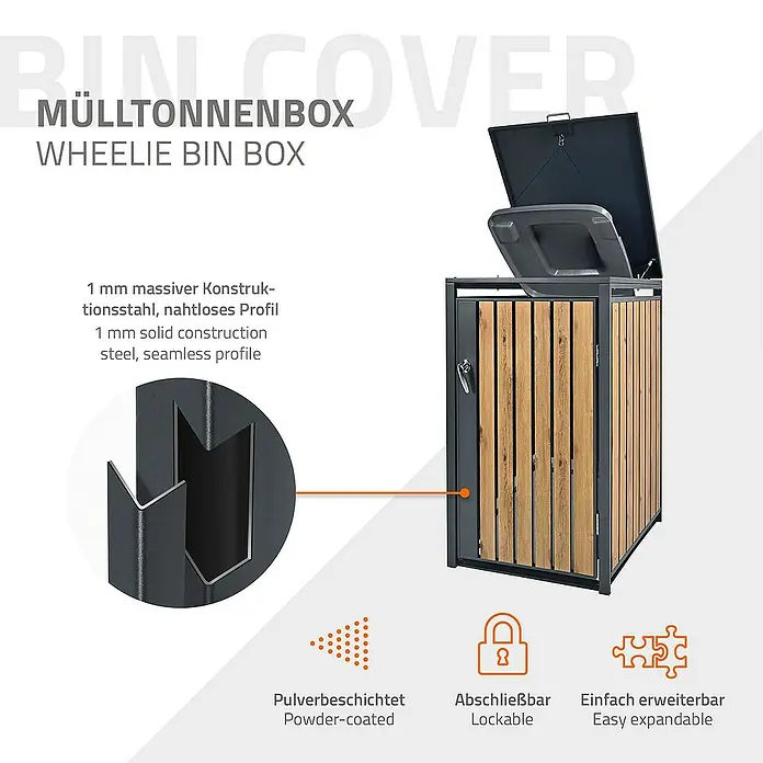 ML-Design Mülltonnenbox Mülltonnencontainer mit Klappdeckel/Tür für 1 Tonne 120 oder 240 Liter - 80 x 80 cm, Metall, Anthrazit, Geeignet für Anzahl Mülltonnen: 1 Stk. - Bild einer Mülltonnenbox mit offenem Deckel, pulverbeschichtetem Stahl und Holzverkleidung. Abschließbar und erweiterbar.