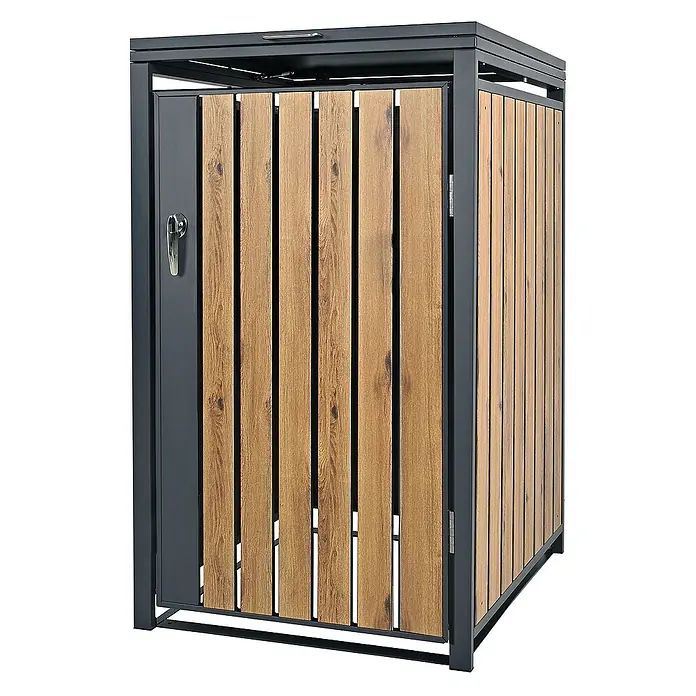 ML-Design Mülltonnenbox Mülltonnencontainer mit Klappdeckel/Tür für 1 Tonne 120 oder 240 Liter - 80 x 80 cm, Metall, Anthrazit, Geeignet für Anzahl Mülltonnen: 1 Stk. - Mülltonnenbox mit einer Tür und Holzverkleidung, die eine stilvolle Aufbewahrungslösung für Abfallbehälter im Freien bietet.