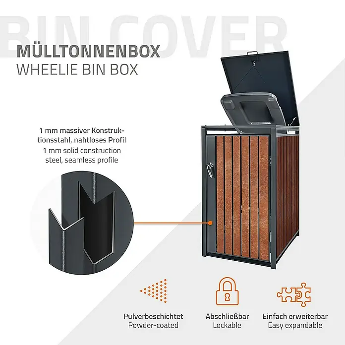 ML-Design Mülltonnenbox Mülltonnencontainer mit Klappdeckel/Tür für 1 Tonne 120 oder 240 Liter - 80 x 80 cm, Stahl, Anthrazit, Rot-Braun, Geeignet für Anzahl Mülltonnen: 1 Stk. - Bild einer grauen Mülltonnenbox mit Holzverkleidung und aufklappbarem Deckel, Merkmale: pulverbeschichtet, abschließbar, erweiterbar.