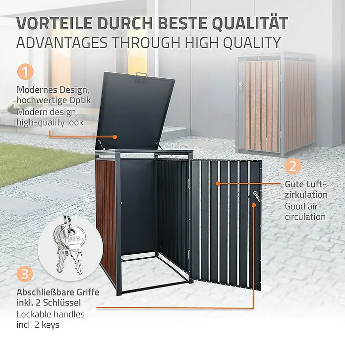 ML-Design Mülltonnenbox Mülltonnencontainer mit Klappdeckel/Tür für 1 Tonne 120 oder 240 Liter - 80 x 80 cm, Stahl, Anthrazit, Rot-Braun, Geeignet für Anzahl Mülltonnen: 1 Stk. - Bild einer Mülltonnenbox mit Vorteilen durch hohe Qualität, modernem Design, guter Luftzirkulation und abschließbaren Griffen.