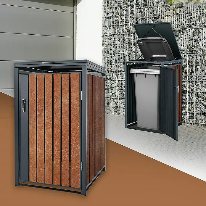 ML-Design Mülltonnenbox Mülltonnencontainer mit Klappdeckel/Tür für 1 Tonne 120 oder 240 Liter - 80 x 80 cm, Stahl, Anthrazit, Rot-Braun, Geeignet für Anzahl Mülltonnen: 1 Stk. - Abfalltonnenbox mit Tür und Deckel aus Metall und Holz für den Außenbereich.