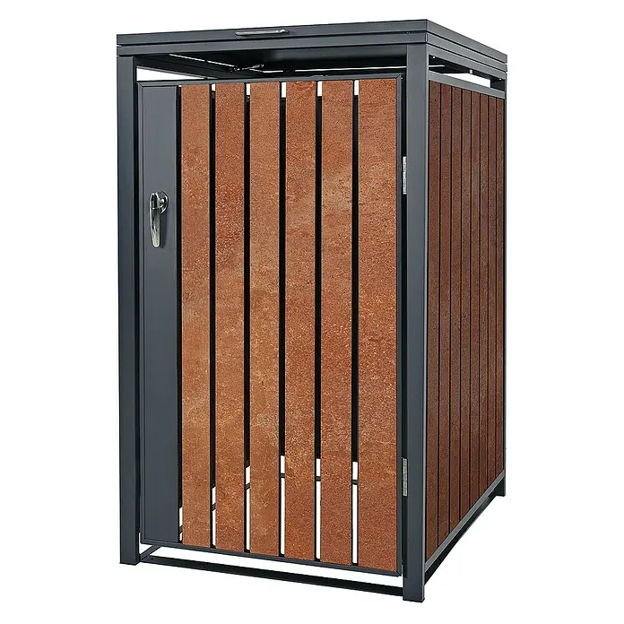 ML-Design Mülltonnenbox Mülltonnencontainer mit Klappdeckel/Tür für 1 Tonne 120 oder 240 Liter - 80 x 80 cm, Stahl, Anthrazit, Rot-Braun, Geeignet für Anzahl Mülltonnen: 1 Stk. - Mülltonnenbox aus Metall und Holzlatten für den Außenbereich zur stilvollen Aufbewahrung von Mülltonnen.