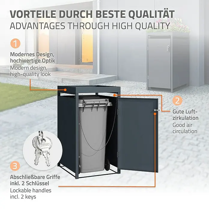 ML-Design Mülltonnenbox Mülltonnencontainer mit Pflanzdach für 1 Tonne 120 oder 240 Liter - Stahl, Anthrazit, Geeignet für Anzahl Mülltonnen: 1 Stk. - Produktbild eines abschließbaren Mülltonnenbox mit 2 Schlüsseln, die eine moderne Optik und gute Luftzirkulation bietet.
