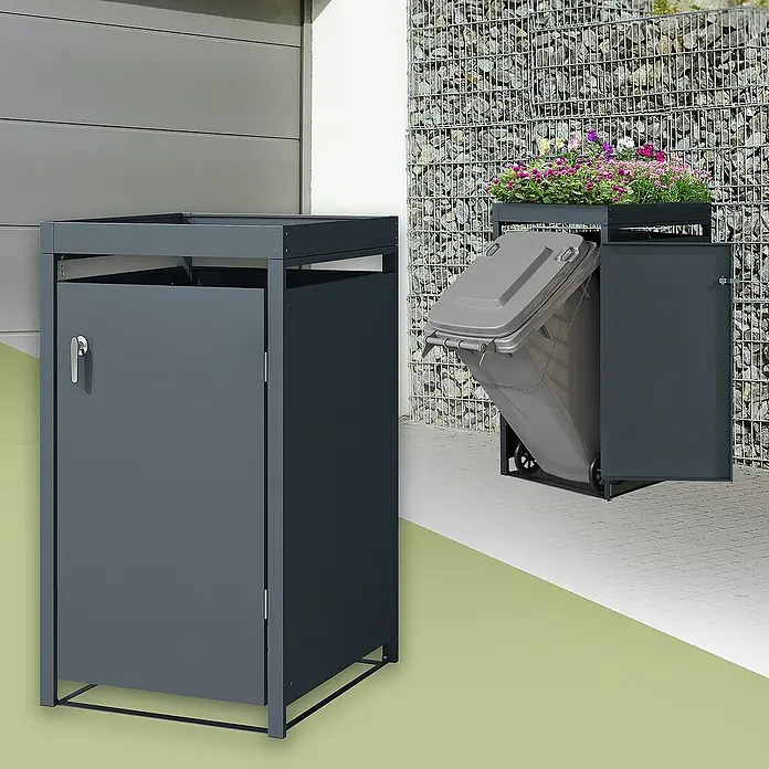 ML-Design Mülltonnenbox Mülltonnencontainer mit Pflanzdach für 1 Tonne 120 oder 240 Liter - Stahl, Anthrazit, Geeignet für Anzahl Mülltonnen: 1 Stk. - Mülltonnenboxen in Grau, eine mit Tür und Griff, die andere offen mit Mülltonne und Blumen bepflanzt.
