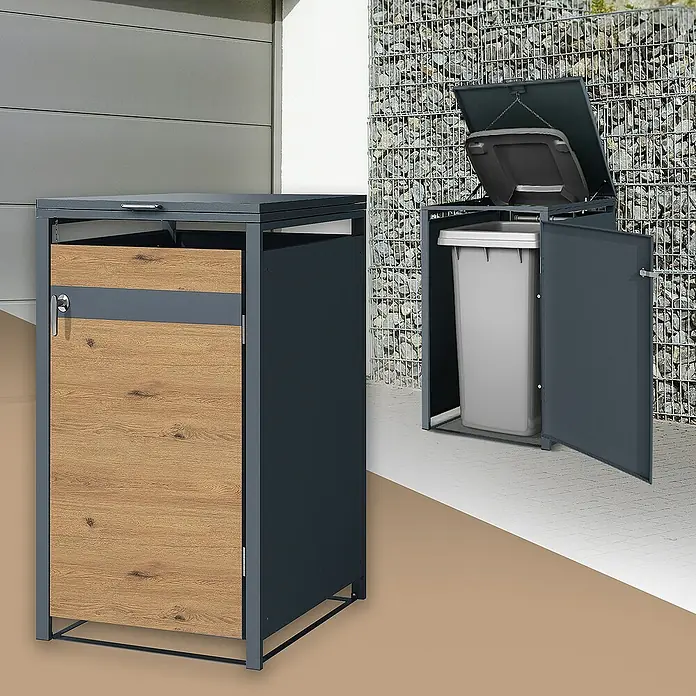 ML-Design Mülltonnenbox Mülltonnencontainer mit Klappdeckel/Tür für 1 Tonne 120 oder 240 Liter - Stahl, Anthrazit, Braun, Geeignet für Anzahl Mülltonnen: 1 Stk. - Mülltonnenboxen aus Holz und Metall. Die Boxen sind eine attraktive Lösung für die Aufbewahrung von Mülltonnen im Freien.