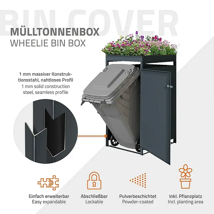 ML-Design Mülltonnenbox Mülltonnencontainer mit Pflanzdach für 1 Tonne 120 oder 240 Liter - Stahl, Anthrazit, Geeignet für Anzahl Mülltonnen: 1 Stk. - Eine Mülltonnenbox mit Pflanzbereich oben, aus robustem Stahl gefertigt, erweiterbar und abschließbar für den Außenbereich.