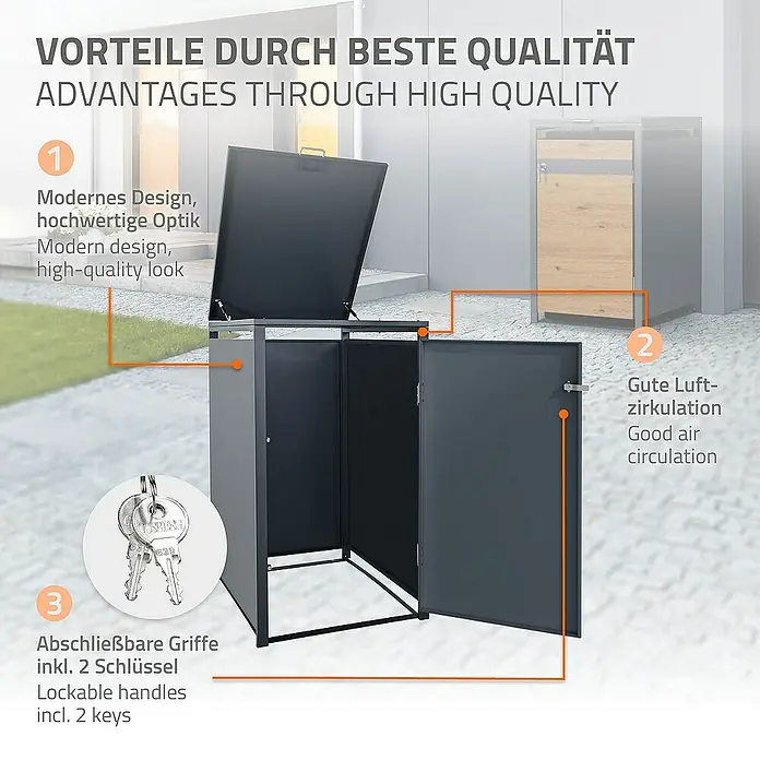 ML-Design Mülltonnenbox Mülltonnencontainer mit Klappdeckel/Tür für 1 Tonne 120 oder 240 Liter - Stahl, Anthrazit, Braun, Geeignet für Anzahl Mülltonnen: 1 Stk. - Produktbild: Eine hochwertige Mülltonnenbox mit abschließbaren Griffen, guter Luftzirkulation und modernem Design.