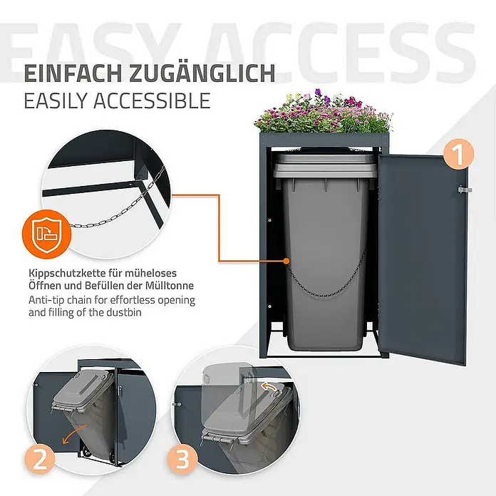 ML-Design Mülltonnenbox Mülltonnencontainer mit Pflanzdach für 1 Tonne 120 oder 240 Liter - Stahl, Anthrazit, Geeignet für Anzahl Mülltonnen: 1 Stk. - Bild einer grauen Mülltonnenbox mit Blumenaufsatz, die durch Ketten ein einfaches Öffnen und Befüllen der Mülltonne ermöglicht.