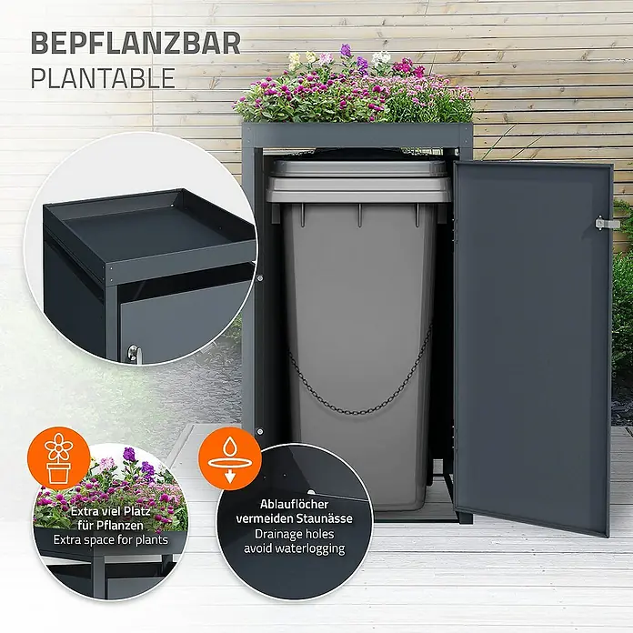ML-Design Mülltonnenbox Mülltonnencontainer mit Pflanzdach für 1 Tonne 120 oder 240 Liter - Stahl, Anthrazit, Geeignet für Anzahl Mülltonnen: 1 Stk. - Produktbild eines bepflanzbaren Mülltonnenschranks mit geöffneter Tür, der einen Einblick in den Behälter und die Pflanzmerkmale ermöglicht.