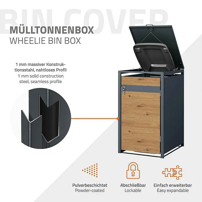 ML-Design Mülltonnenbox Mülltonnencontainer mit Klappdeckel/Tür für 1 Tonne 120 oder 240 Liter - Stahl, Anthrazit, Braun, Geeignet für Anzahl Mülltonnen: 1 Stk. - Abfalltonnenbox aus pulverbeschichtetem Stahl mit Holztür und Schloss, robust und erweiterbar für eine stilvolle Mülltonnenaufbewahrung.