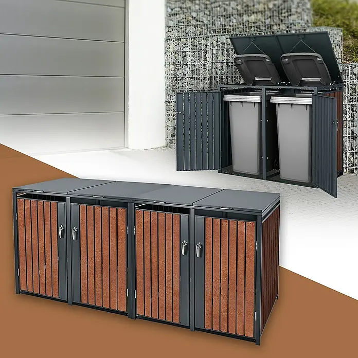 ML-Design Mülltonnenbox Mülltonnencontainer mit Klappdeckel/Tür für 4 Tonne 120 oder 240 Liter - 80 x 80 cm, Stahl, Anthrazit, Rot-Braun, Geeignet für Anzahl Mülltonnen: 4 Stk. - Das Bild zeigt eine Mülltonnenbox aus Holz und Metall, die eine stilvolle und praktische Lösung für die Müllaufbewahrung im Außenbereich bietet.
