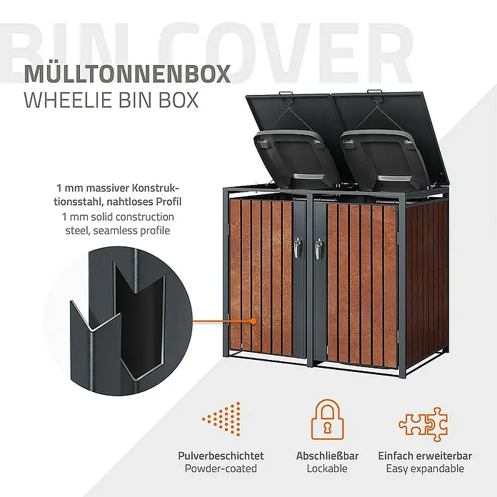 ML-Design Mülltonnenbox Mülltonnencontainer mit Klappdeckel/Tür für 4 Tonne 120 oder 240 Liter - 80 x 80 cm, Stahl, Anthrazit, Rot-Braun, Geeignet für Anzahl Mülltonnen: 4 Stk. - Produktbild einer abschließbaren, pulverbeschichteten und einfach erweiterbaren Mülltonnenbox aus Stahl mit Holzverkleidung.