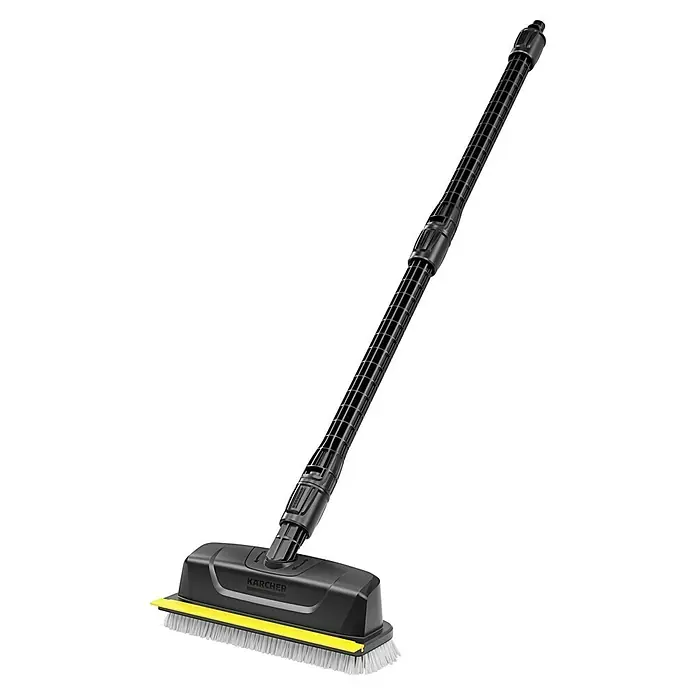 Kärcher Flächenreiniger Powerschrubber PS 30 - Passend für: Kärcher Hochdruckreiniger K2 - K7 - Das Bild zeigt eine Kärcher Flächenbürste mit einem Teleskopstiel, ideal für die Reinigung von Oberflächen im Außenbereich.
