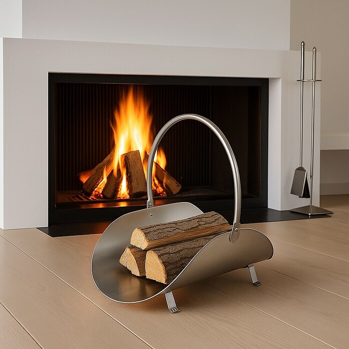 Lienbacher Cesta para leña (38 x 41 cm, Chapa de acero, Efecto de acero inoxidable)