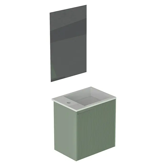 Futurbath Conjunto de mueble de baño Lina - Verde, 3 pzs. - Este ángulo muestra un moderno tocador con frentes estriados en verde salvia y una elegante encimera blanca.