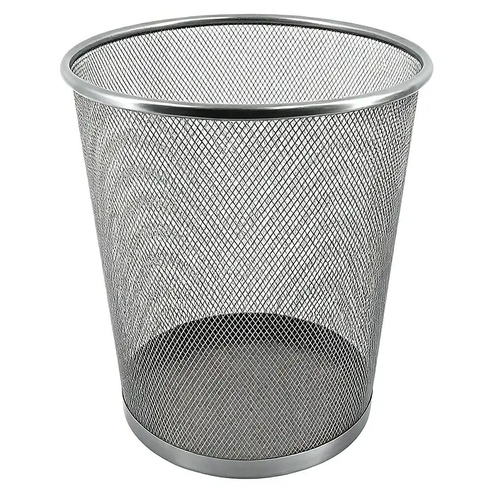 Papierkorb - Metall, Silber - Draufsicht eines silberfarbenen Papierkorbs aus Metallgeflecht mit einer runden Basis und einem verstärkten Rand.