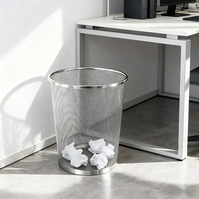 Papierkorb - Metall, Silber - Ein silberner Metall-Papierkorb gefüllt mit zerknittertem Papier steht neben einem Schreibtisch in einem hellen Raum.