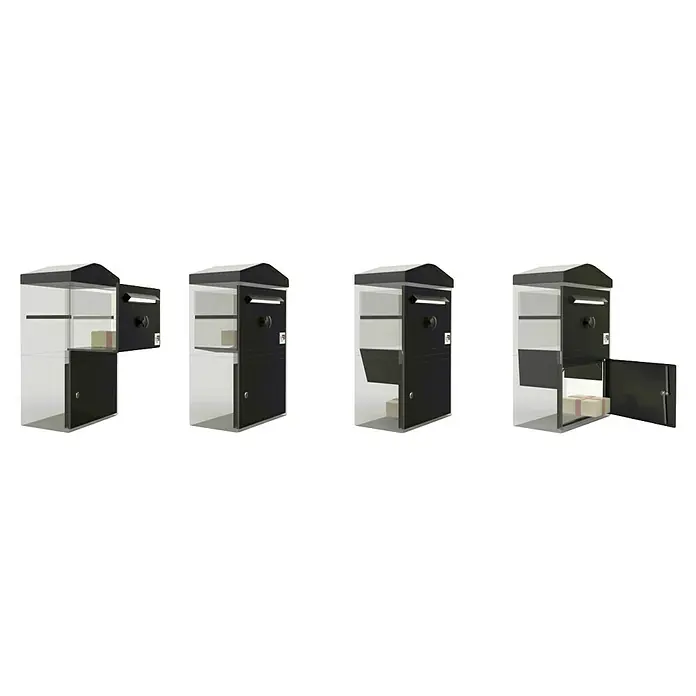My Parcel Box Paketbox - L x B x H: 48 x 60 x 110 mm, Grau, Stahl, Fassungsvermögen: 62 l - Mehrere Ansichten des Paketbriefkastens mit Paket. Er bietet eine sichere Aufbewahrung und unkomplizierte Zustellung von Paketen und Briefen.