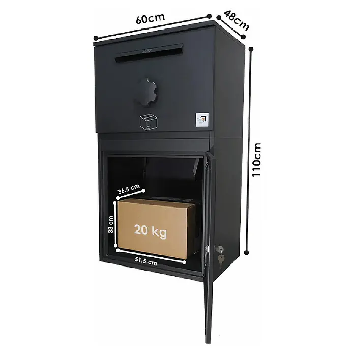 My Parcel Box Paketbox - L x B x H: 48 x 60 x 110 mm, Grau, Stahl, Fassungsvermögen: 62 l - Abbildung eines schwarzen Paketbriefkastens mit den Maßen 60 cm x 48 cm x 110 cm, der ein 20 kg schweres Paket aufnehmen kann.