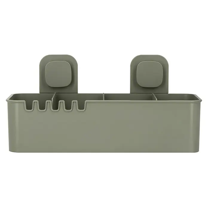 Venus Duschkorb Orsa - 14,8 x 30,5 x 14,7 cm, Grün - Grauer Zahnbürstenhalter mit mehreren Fächern und zwei angebrachten Saugnäpfen zur Befestigung an glatten Oberflächen im Badezimmer.