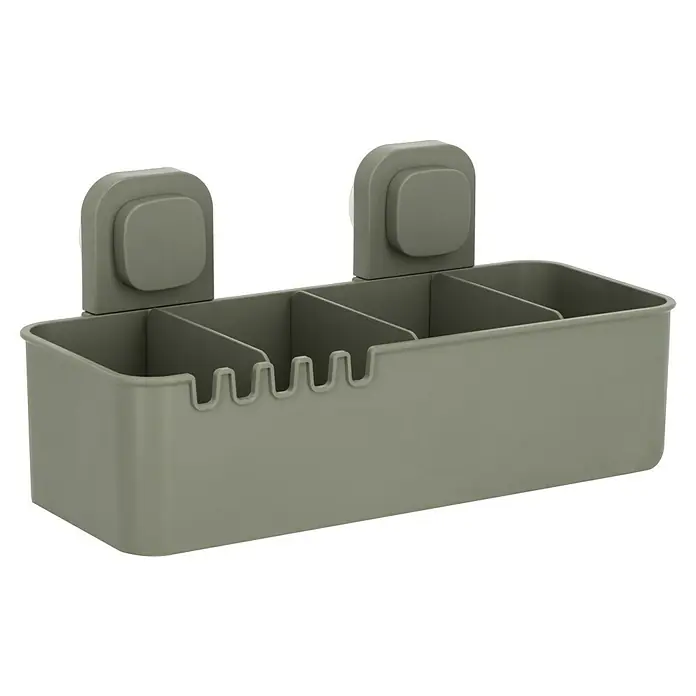 Venus Duschkorb Orsa - 14,8 x 30,5 x 14,7 cm, Grün - Wandmontierter grauer Zahnbürstenhalter mit vier Fächern und zwei Saugnäpfen zur einfachen Befestigung an glatten Oberflächen im Badezimmer.