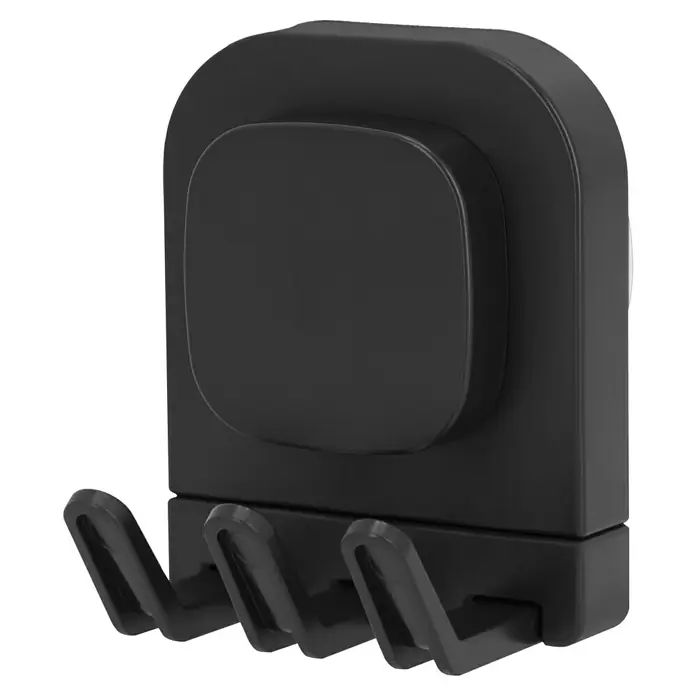 Venus Saugnapf-Haken Orsa - Schwarz, Belastbarkeit: 3 kg - Abbildung eines schwarzen, an der Wand montierten Rasiererhalters mit drei Halterungen zum einfachen und stilvollen Aufbewahren von Rasierern.