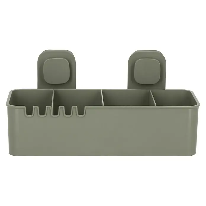 Venus Duschkorb Orsa - 14,8 x 30,5 x 14,7 cm, Grün - Ein grauer Badutensilien-Organizer mit mehreren Fächern und zwei Saugnäpfen zur einfachen Befestigung an glatten Oberflächen für Ordnung im Bad.
